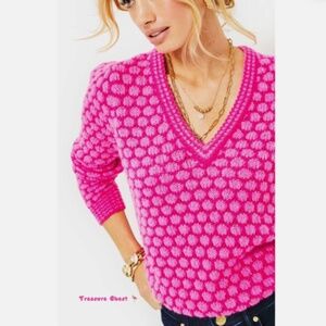 NWT Lilly Pulitzer NWT Brista V neck Sweater Pink Palms Honeycomb SIZE S